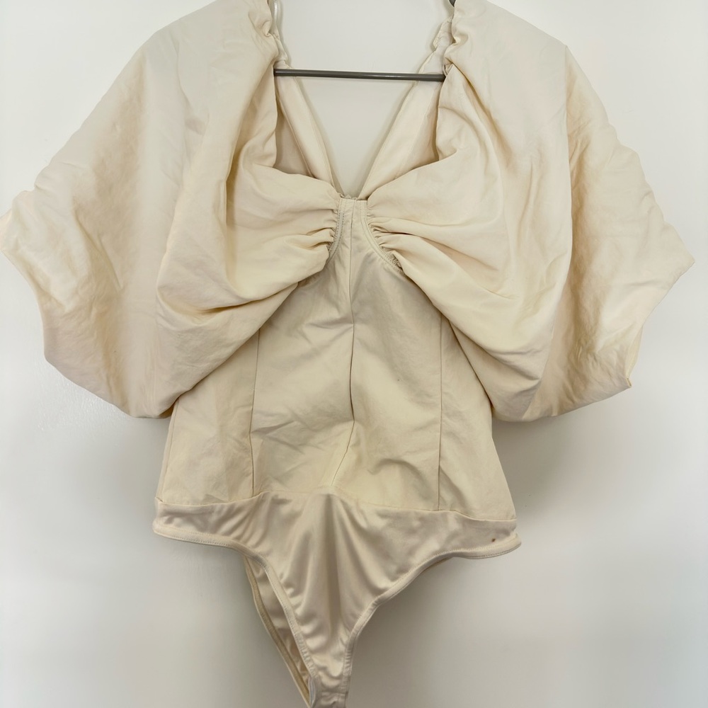 Zara Cream Asymmetrical Bodysuit with Dolman Sleeves